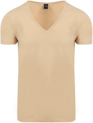 Beige T-shirt met korte mouwen en V-hals met een medium maat label aan de binnenkant van de kraag, vooraanzicht.