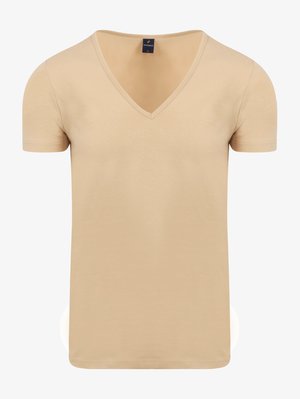 Beige T-shirt met korte mouwen en V-hals met een medium maat label aan de binnenkant van de kraag, vooraanzicht.