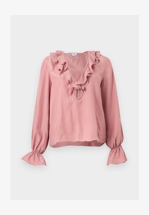 Ružová blúzka s dlhým rukávom, volánovým výstrihom do V a volánovými manžetami, vyrobená z ľahkej, hodvábnej látky.