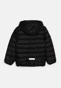 Black puffer jacket with a hood, featuring horizontal quilted sections and a reflective accent at the back. Smooth, shiny exterior.