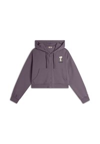 Haut en sweat à capuche violet coupé, fabriqué en tissu doux, avec une fermeture éclair à l'avant, deux poches et un graphique de Snoopy sur la zone gauche de la poitrine.