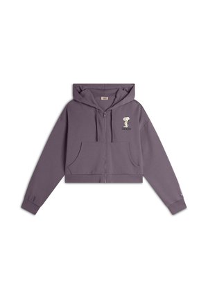 Haut en sweat à capuche violet coupé, fabriqué en tissu doux, avec une fermeture éclair à l'avant, deux poches et un graphique de Snoopy sur la zone gauche de la poitrine.