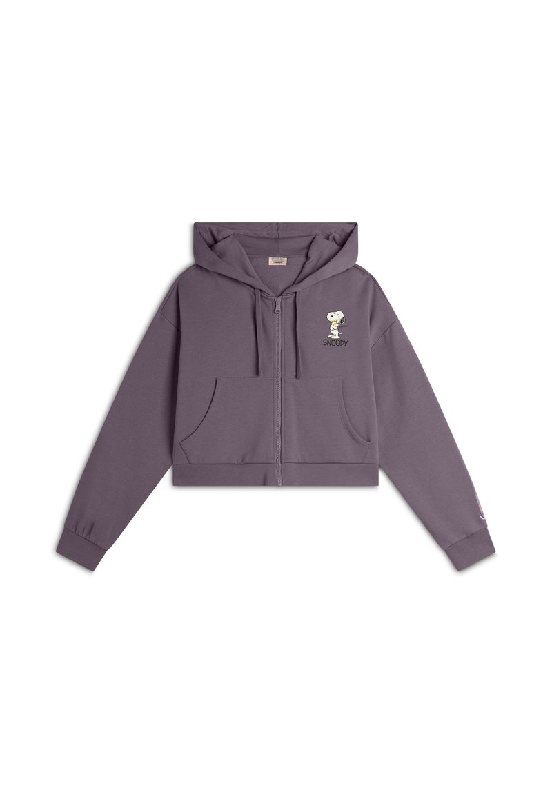 Haut en sweat à capuche violet coupé, fabriqué en tissu doux, avec une fermeture éclair à l'avant, deux poches et un graphique de Snoopy sur la zone gauche de la poitrine.