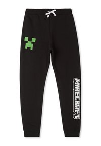 Pantaloni della tuta neri in cotone con vita elastica e cordino bianco. Presentano un volto pixelato verde e il testo "MINECRAFT" in bianco.