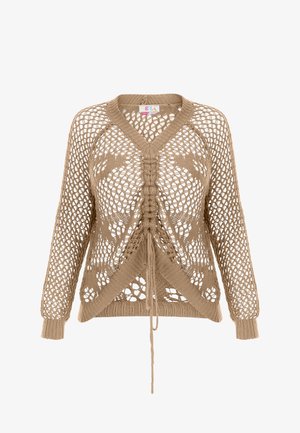 Maglione a maglia beige, con lavorazione a rilievo, scollo a V, maniche lunghe, legatura frontale regolabile e orlo curvo con dettagli testurizzati.