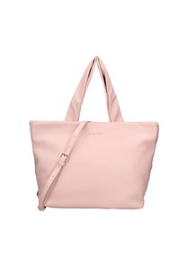 Borsa a mano rosa realizzata in materiale liscio, con due manici superiori e una tracolla rimovibile con accessori in ottone dorato.