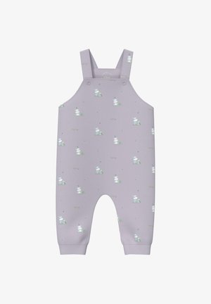 Hellviolette Baby-Latzhose mit Nilpferd- und Schildkrötenmuster, Schulterträger mit Knöpfen und umgeschlagene Beinabschlüsse.
