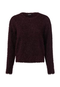 Bordeauxroter flauschiger Pullover mit langen Ärmeln, rundem Ausschnitt und einer weichen, strukturierten Oberfläche. Das Design zeichnet sich durch eine lockere, kurz geschnittene Silhouette aus.
