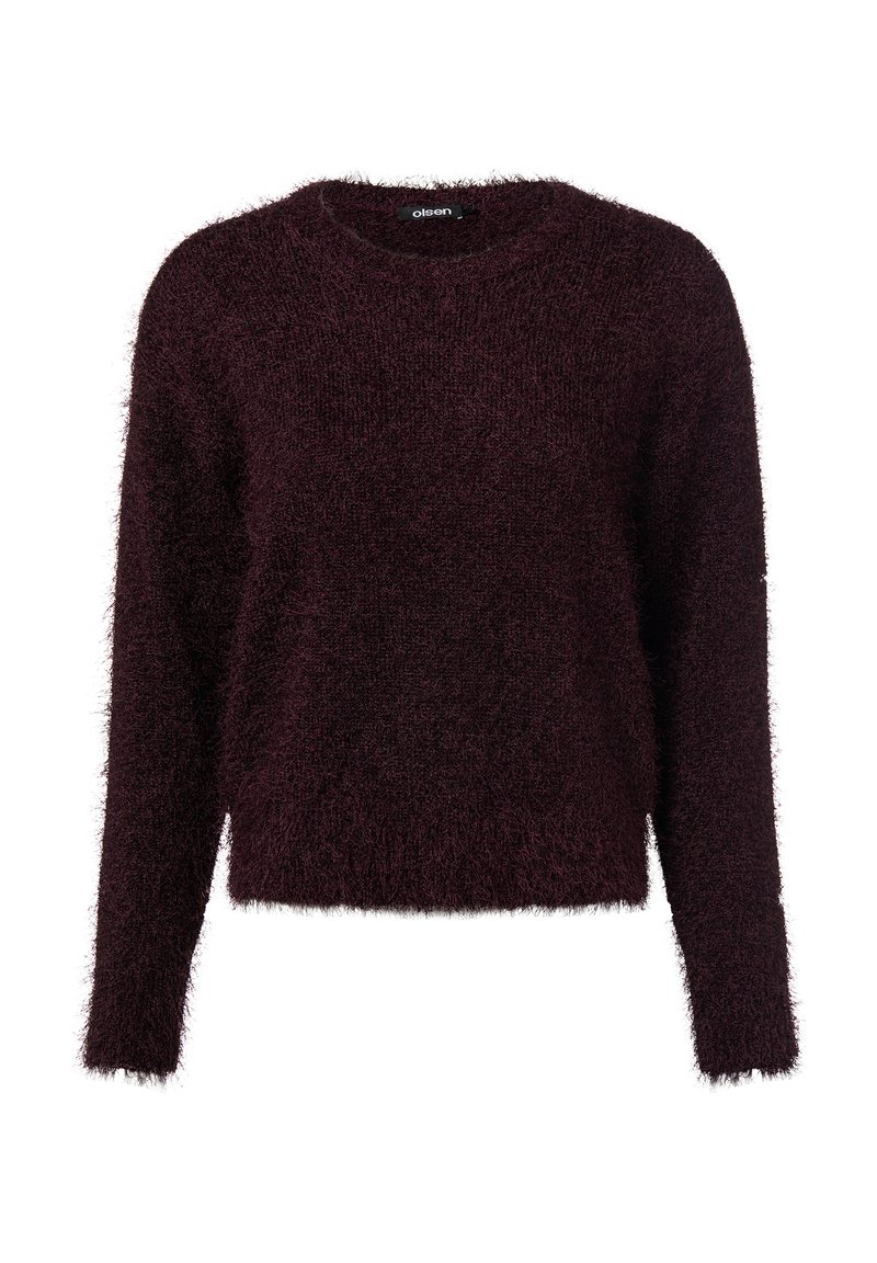 Bordeauxroter flauschiger Pullover mit langen Ärmeln, rundem Ausschnitt und einer weichen, strukturierten Oberfläche. Das Design zeichnet sich durch eine lockere, kurz geschnittene Silhouette aus.