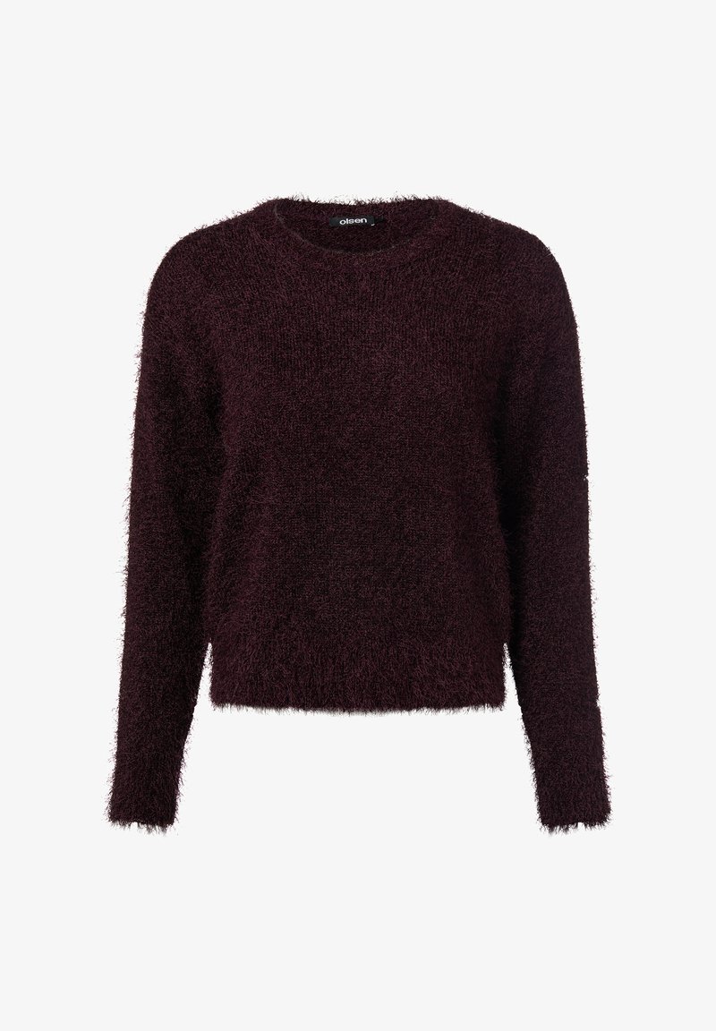 Bordeauxroter flauschiger Pullover mit langen Ärmeln, rundem Ausschnitt und einer weichen, strukturierten Oberfläche. Das Design zeichnet sich durch eine lockere, kurz geschnittene Silhouette aus.