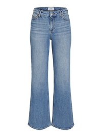 Lys blå denim flared jeans med høy midje, med frontlommer, glidelås og subtile falminger. Sømmen er synlig langs kantene.