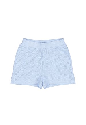 Pantalones cortos de malla azul claro con superficie texturizada, cinturilla elástica y detalles cosidos en los laterales. No se ven bolsillos.