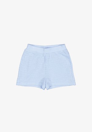 Pantalones cortos de malla azul claro con superficie texturizada, cinturilla elástica y detalles cosidos en los laterales. No se ven bolsillos.