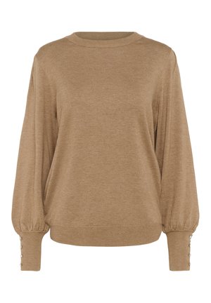 Brown sweater featuring a crew neckline, long balloon sleeves with cuff detailing, and ribbed texture throughout.