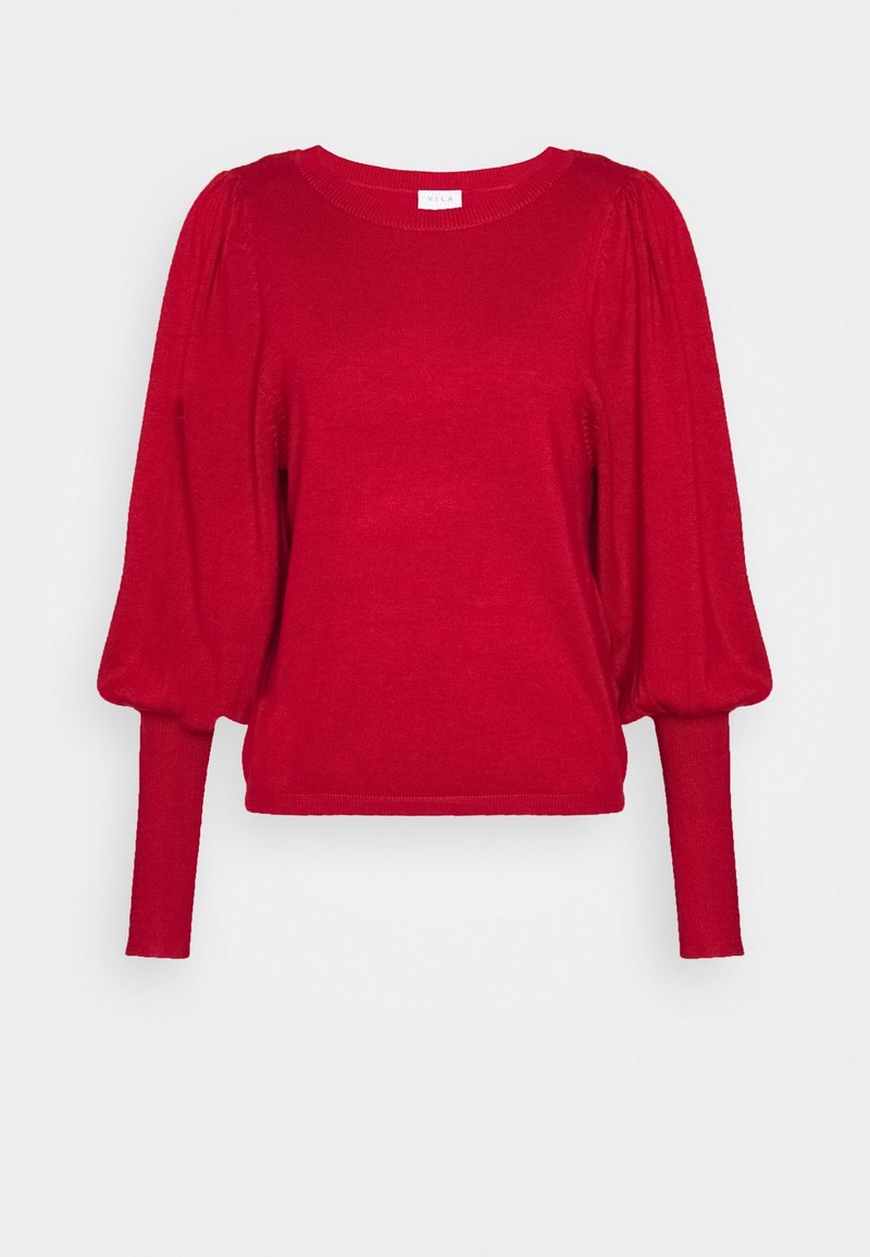Pull rouge à manches longues avec manches supérieures bouffantes et manches inférieures ajustées, encolure ronde et poignets et ourlet côtelés.
