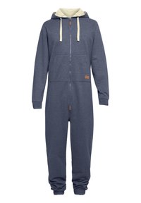 Navy blue fleece onesie with a cream hood, front zip, and pockets. Cuffs and ankles are elasticized; features a small brown logo tag.