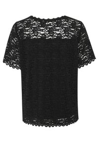 Black lace short-sleeve top with floral patterns, scalloped edges, and a solid black lining. Loose-fitting silhouette.