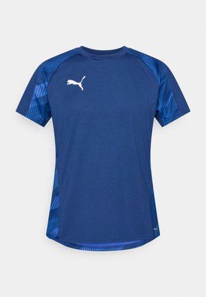 Navyblaues Sportshirt mit kurzen Ärmeln, versehen mit strukturierten blauen Akzenten und einem weißen Puma-Logo auf der Brust. Hergestellt aus atmungsaktivem Material.
