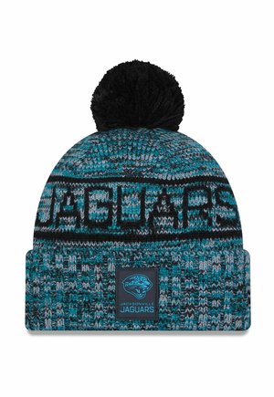 Bonnet en tricot en teal, noir et gris avec un pompon sur le dessus. Présente le texte tricoté "JAGUARS" et un patch logo sur le revers.