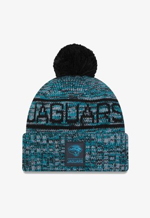 Bonnet en tricot en teal, noir et gris avec un pompon sur le dessus. Présente le texte tricoté "JAGUARS" et un patch logo sur le revers.