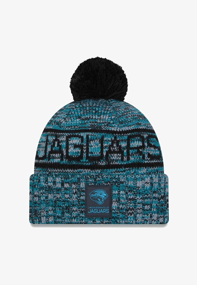 Berretto lavorato a maglia in teal, nero e grigio con un pom-pom sulla parte superiore. Presenta il testo lavorato "JAGUARS" e un'etichetta con il logo sul risvolto.