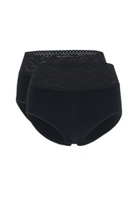 Mutande nere a vita alta con una cintura in pizzo testurizzato. Due paia esposti, caratterizzati da un tessuto liscio e bordi elastici.