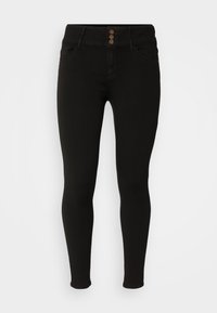 Black skinny jeans made of stretchy denim. Features a high waistband, three button closure, and standard pockets. Smooth texture throughout.