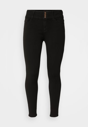Black skinny jeans made of stretchy denim. Features a high waistband, three button closure, and standard pockets. Smooth texture throughout.