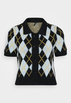Black short-sleeve cardigan featuring an argyle pattern of light blue, white, black, and yellow. Button-up front with a collar. Textured knit fabric.