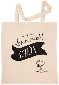 Borsa in cotone di colore beige chiaro con testo nero: "Lesen macht schön." Presenta un grafico in stile cartone animato, manici piatti e nessun altro elemento decorativo.