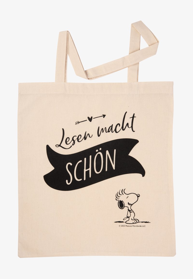 Borsa in cotone di colore beige chiaro con testo nero: "Lesen macht schön." Presenta un grafico in stile cartone animato, manici piatti e nessun altro elemento decorativo.
