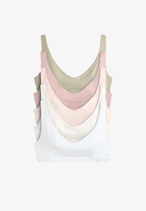 Pila di cinque crop top senza cuciture e senza maniche nei colori bianco, crema, rosa chiaro, rosa polvere e verde oliva, mostrati frontalmente.