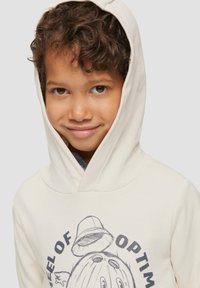 Crème hoodie met een grote grafische print aan de voorkant van een cactus, tekst met "GEVOEL VAN OPTIMISME" en een gestructureerde capuchon.