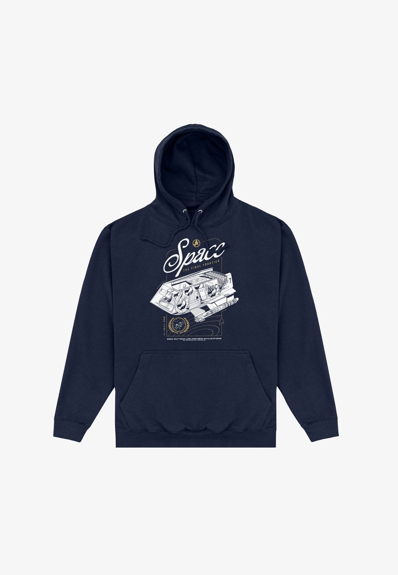 Sweat à capuche bleu marine avec poche avant, avec un motif de vaisseau spatial blanc et le texte « Space The Final Frontier » ainsi qu’un petit emblème en dessous.