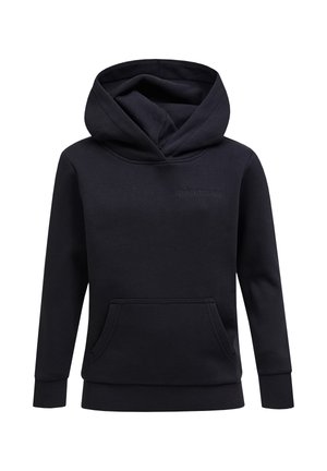 Zwarte hoodie van zacht materiaal, met een grote voorkant zak, ribbelmanchetten en een centraal logo. De capuchon is dubbel gevoerd voor extra warmte.