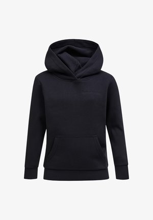 Haut à capuche noir en tissu doux, avec une grande poche avant, des poignets côtelés et un logo central. La capuche est double épaisseur pour plus de chaleur.