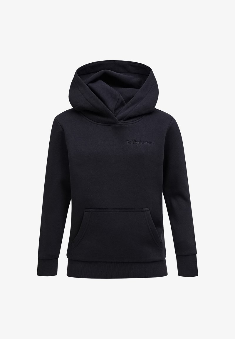 Black hoodie made of soft fabric, features a large front pocket, ribbed cuffs, and a central logo. Hood is double-layered for warmth.