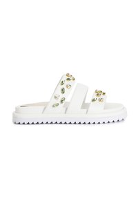 White slide sandal with three wide straps, adorned with multi-colored rhinestones, featuring a textured sole for grip.