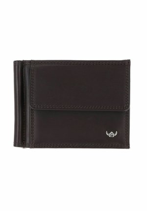 Portefeuille en cuir brun foncé avec bords cousus, rabat avant, clip à billets sur le côté, et petit emblème argenté en bas à droite.