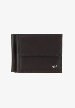 Dark brown leather wallet with stitched edges, front flap, money clip on the side, and small silver emblem on bottom right corner.