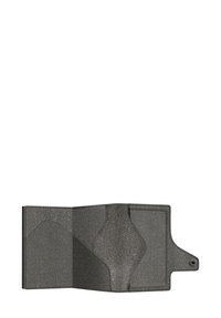Black wallet made of textured material, featuring a foldable design with a curved compartment and a tab, visible stitching, and a snap button.