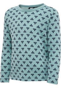 Langärmliges Hemd aus hellblauem Baumwollstoff mit navyfarbenem Bienen- und Blumenmuster. Rundhalsausschnitt und weiche Textur, mit gesticktem Saum und Bündchen.