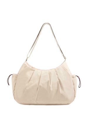Beige Schultertasche aus weichem Stoff mit Falten, verstellbarem Riemen und Seitentaschen mit Kordelzugverschluss.
