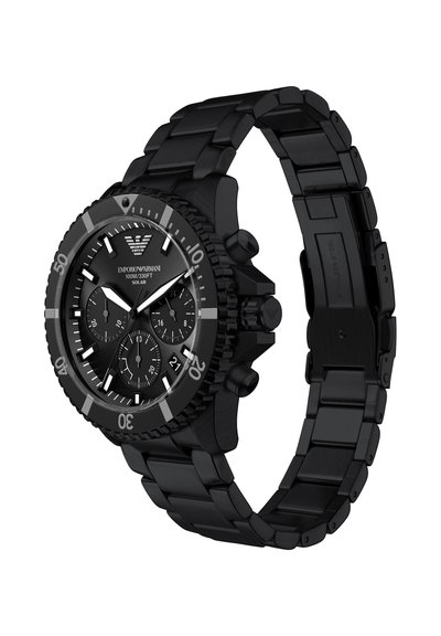 Schwarze Edelstahl-Uhr mit rundem Gehäuse, strukturiertem Lünettenring, schwarzem Zifferblatt mit Multifunktions-Unterzifferblättern und einem Gliederarmband.