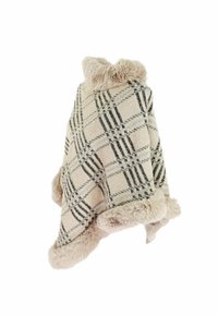 Poncho in pile beige con un motivo a quadri nero, caratterizzato da un morbido bordino in pelliccia sintetica lungo i bordi e il colletto per aggiungere texture.