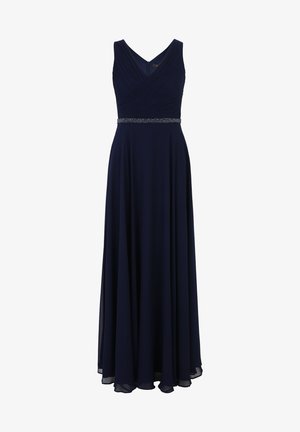 Námorníckomodrá večerná šaty, bez rukávov s hlbokým výstrihom do V, s naberaným telom a zdobeným pásom. Plynulo dosahuje na podlahu s hladkým povrchom.