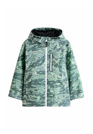Green and gray camouflage-patterned hooded jacket with a front zipper and a vertical zippered chest pocket.