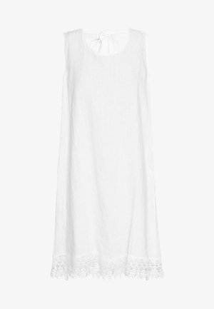 Bílé lněné šaty bez rukávů s kulatým výstřihem, uvázanou mašlí na zádech a krajkovým lemem podél okraje.