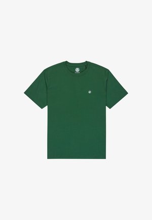 Groene katoenen T-shirt met korte mouwen, ronde hals en een klein logo op de borst. Gladde textuur met een comfortabele pasvorm.