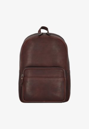 Bruine leren rugzak met een zachte textuur, ronde bovenkant, verstelbaar hoofdcompartiment met rits, voorvak en een lus om op te hangen.